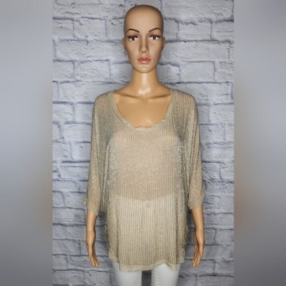 NWT L'agence Womens Tan Silk beaded sheer dolman sleeve round neck blouse Sz 4